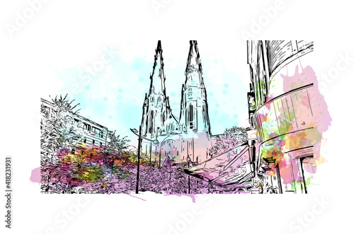 Building view with landmark of Eindhoven is the
city in the Netherlands. Watercolor splash with hand drawn sketch illustration in vector.