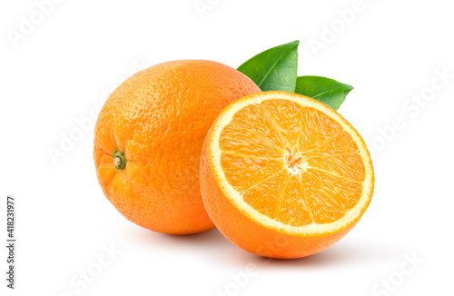 Orange with cut in half and leaves isolated on white background. clipping path.