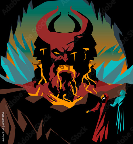 great italian poet in hell with greek ghost looking a three headed king demon