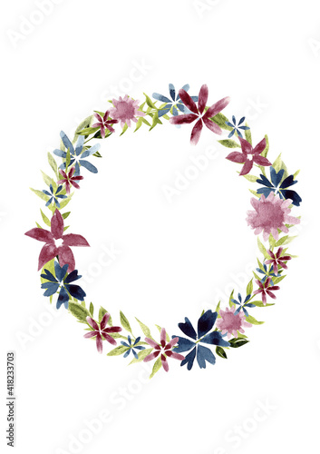 Floral round frame for decor, design, invitations, cards. Hand drawn watercolor elements. 