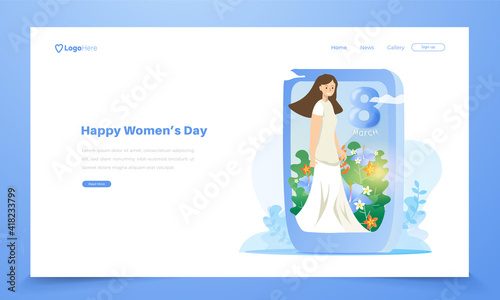 Cute woman character on mobile screen for women's day greetings concept