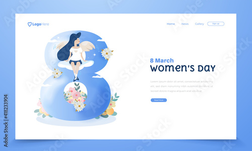 Happy women's day greetings with cute angel sits on number 8