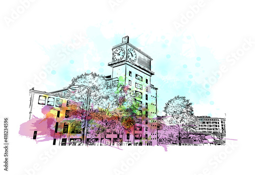 Building view with landmark of Eindhoven is the
city in the Netherlands. Watercolor splash with hand drawn sketch illustration in vector.