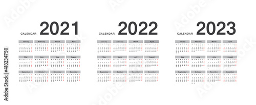 Year 2021 and Year 2022 and Year 2023 calendar vector design template, simple and clean design. Calendar for 2022 and 2023 on White Background for organization and business. Week Starts Monday. 