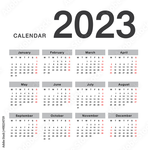 Year 2023 calendar horizontal vector design template, simple and clean design. Calendar for 2023 on White Background for organization and business. Week Starts Monday.
