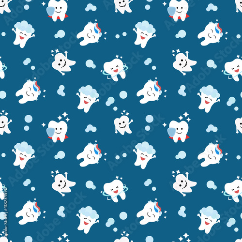 Healthy teeth seamless pattern. Oral dental hygiene. Children teeth care. Baby texture. Flat design. Blue background Vector illustration.	