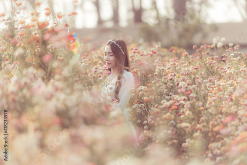 Beautiful bride wedding bouquet outdoors in a forest.