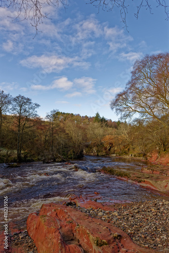 The west Water river running swiftly down river from the Pirners Brig Bridge and Gorge at Glen Lethnot in the Angus Glens near to Edzell. photo