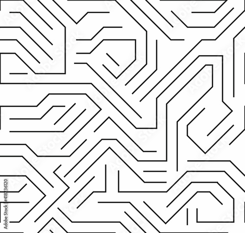 Seamless hi-tech electronic monochrome pattern. Black and white outline circuit board. Sci Fi texture, vector background
