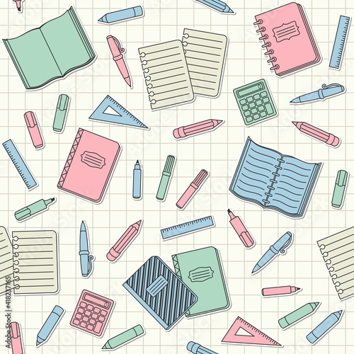 Colorful school supplies and office stationary stickers and patches on a notebook sheet in a cell. Vector seamless pattern for banner, poster, office supply store, website wallpaper and wrapping paper