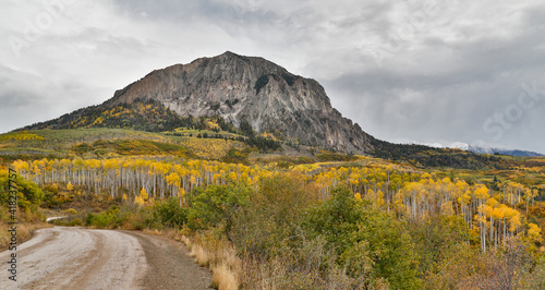 County road 12 leading up to Marcelina Mountain autumn colors, Colorado