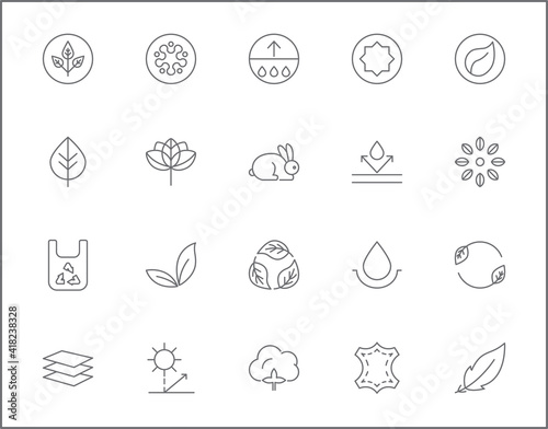 Set of packaging symbol and recycling line style. It contains such Icons as organic, halal, fresh, natural, vegan, zero waste, fabric and other elements. customize color, easy resize.