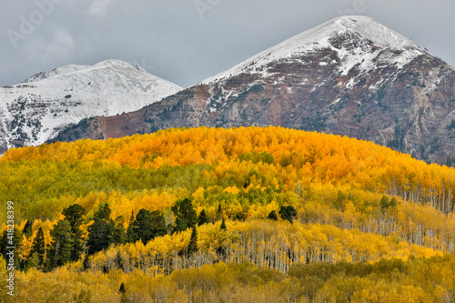 USA, Colorado, Crested Butte. Fall colors and snowcapped mountains