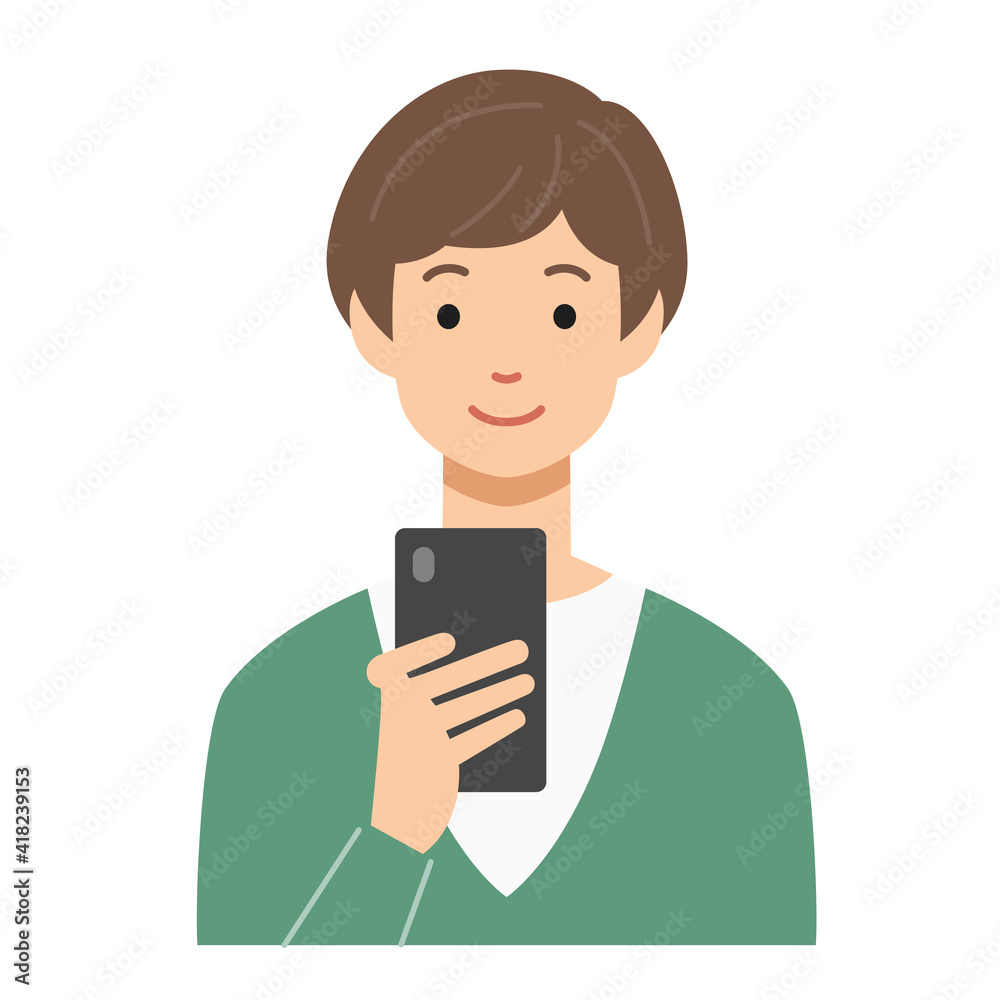 笑顔でスマホを見る若い人