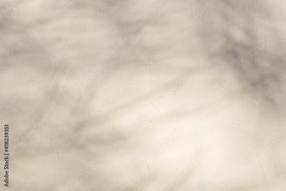 Naklejka premium Texture of light yellow wall with shadow of tree on sunny day. Copy space background