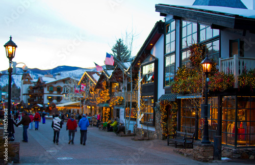 Vail, Colorado. Town in winter time with Christmas lights. photo