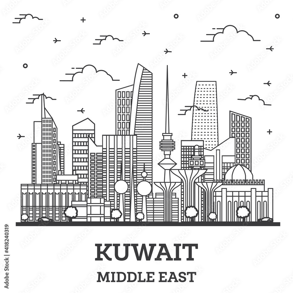 Outline Kuwait City Skyline with Modern Buildings Isolated on White.