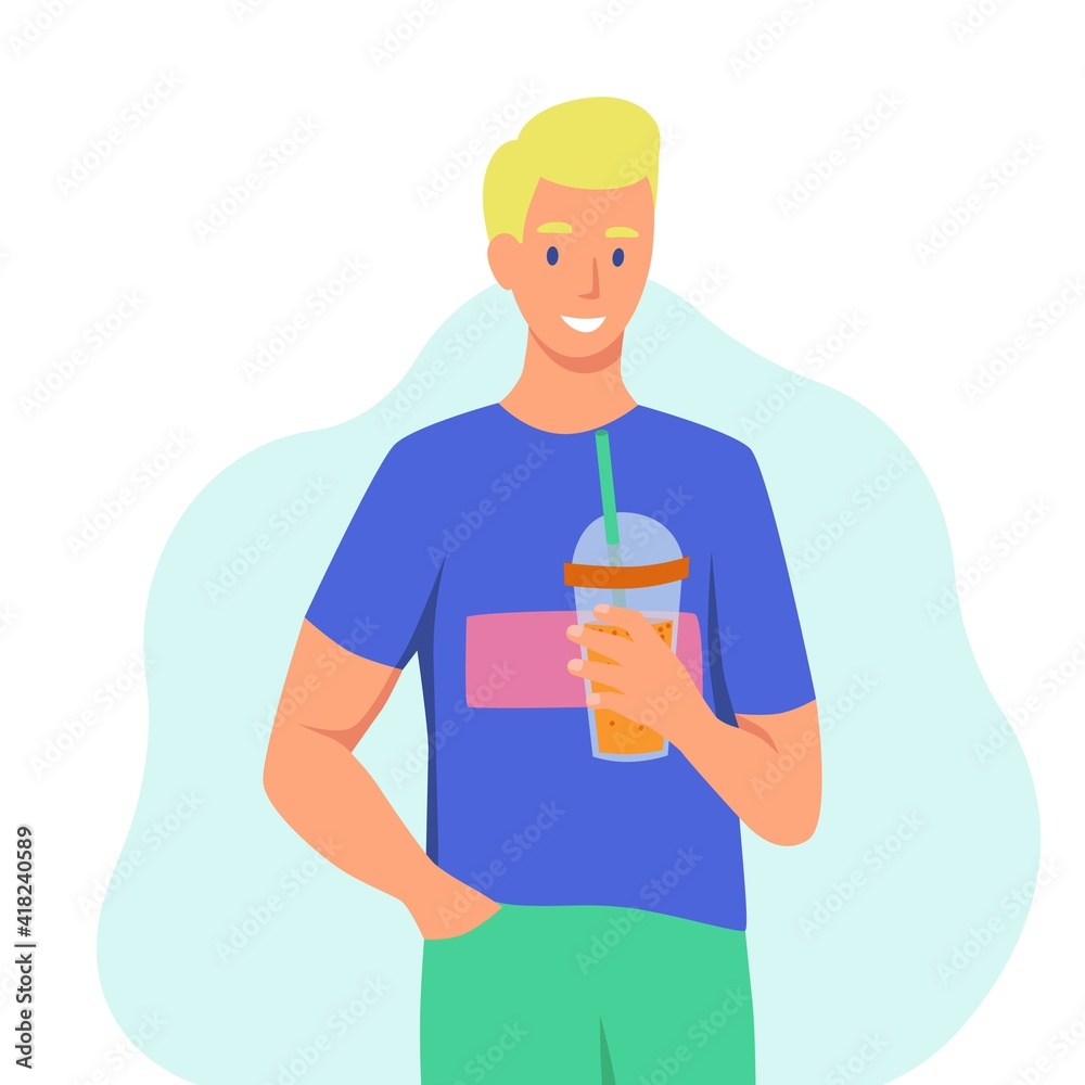 A young man drinks a smoothie, fresh juice, a cocktail. The concept of proper nutrition, healthy lifestyle. Flat cartoon illustration. A young man drinks a smoothie, fresh juice, a cocktail. The concept of proper nutrition, healthy lifestyle. Flat cartoon illustration.