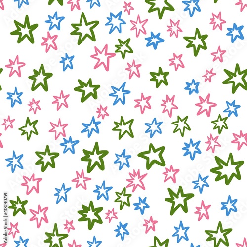 Seamless pattern. Multicolored stars on a white background. Digital art. Illustration for the decor and design of posters  postcards  prints  stickers  invitations  textiles and stationery.