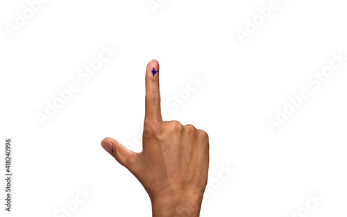 male Indian Voter Hand with voting sign or ink pointing vote for India on white background with copy space election commission of India photo