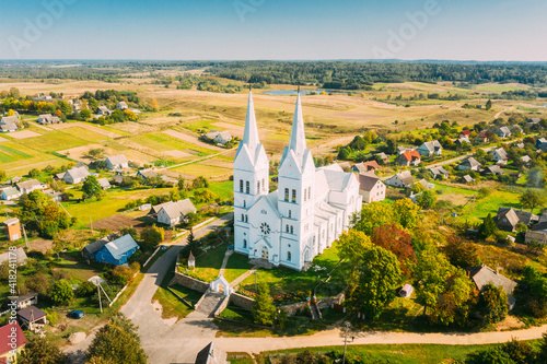 Slobodka, Braslaw District, Vitebsk Voblast, Belarus. Aerial View Of Slobodka Village. Church of Divine Providence photo