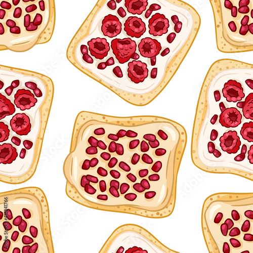 Toast bread sandwiches comic style seamless border pattern. Sandwiches with raspberries and garnet seeds with a white spread wallpaper. Breakfast food background texture tile