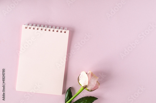 Copy space notepad for your text on a light pink background with pink roses. flat lay, Top view © Карина Клачук