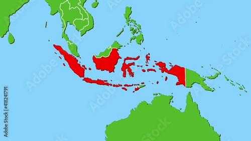 インドネシアの位置がアップになって赤く表示されます。ヨーロッパ中心地図