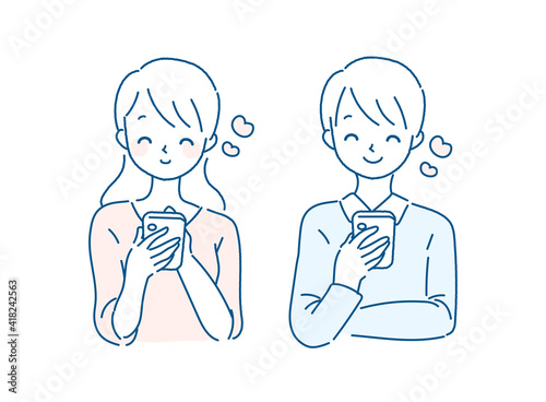 スマホで連絡を取り合う男女のイラスト　幸せ
