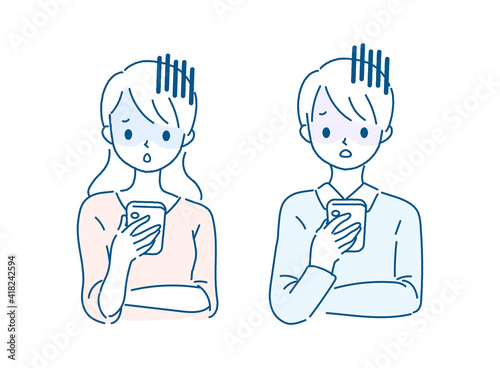 スマホで連絡を取り合う男女のイラスト　困る