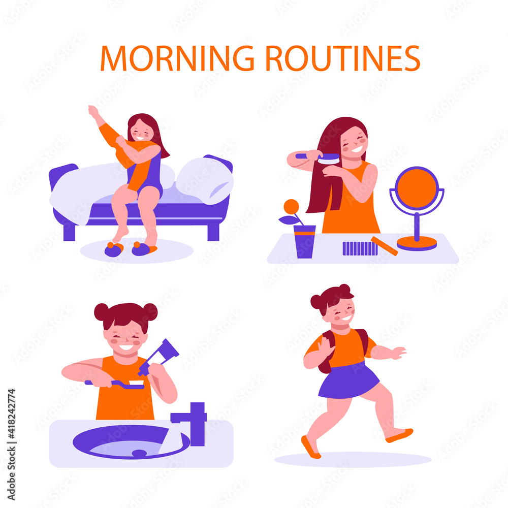 The daily morning routine of a little girl, she wakes up, combes her hair, washes, dresses and goes to school kindergarten . Set of vector illustrations in flat cartoon style. The daily morning routine of a little girl, she wakes up, combes her hair, washes, dresses and goes to school kindergarten . Set of vector illustrations in flat cartoon style.
