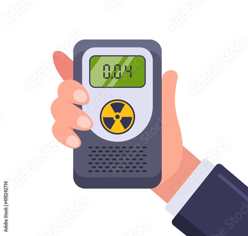 Dosimeter for measuring radiation. hand holds the device. flat vector illustration.