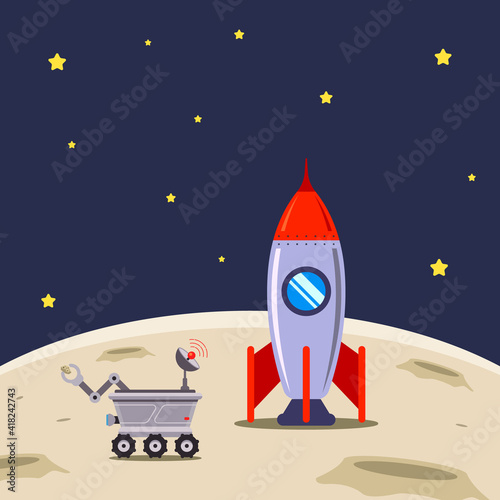 spaceship has landed on the moon for exploration. flat vector illustration.