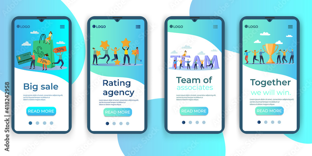 Big Sale,Rating Agency, Team, Joint achievements.A set of UI, UX interfaces for smartphone screens.Features of adaptive design.Flat vector illustration. Big Sale,Rating Agency, Team, Joint achievements.A set of UI, UX interfaces for smartphone screens.Features of adaptive design.Flat vector illustration.