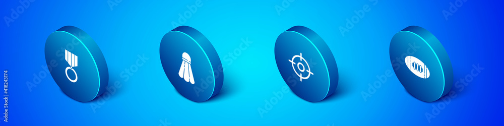 Set Isometric Medal, Target sport, American Football ball and Badminton shuttlecock icon. Vector. Set Isometric Medal, Target sport, American Football ball and Badminton shuttlecock icon. Vector.