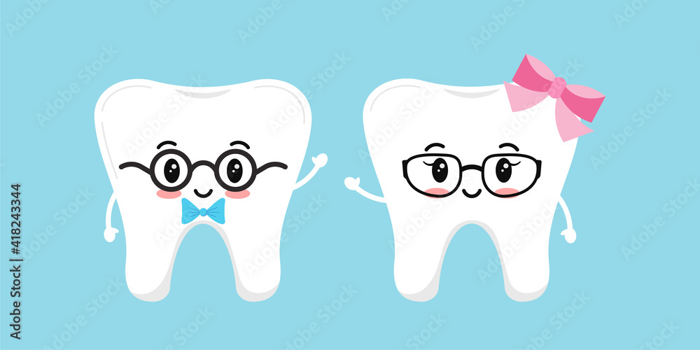 Fototapeta premium Cute tooth dentistry character girl and boy in glasses with bow. Vector illustration happy healthy kawaii character. Flat design cartoon style stylish tooth concept of children's dentistry education. 