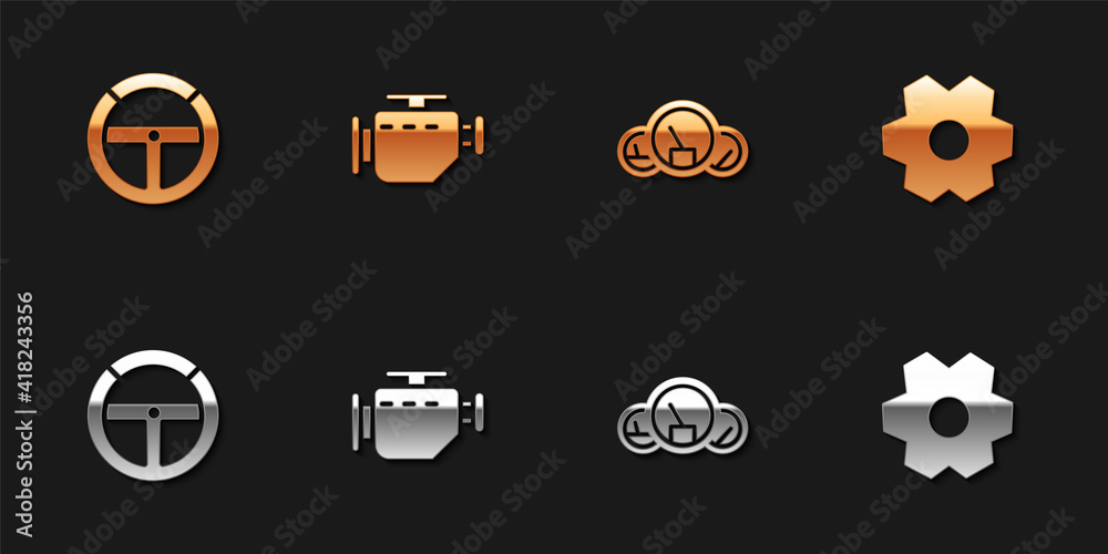 Set Steering wheel, Check engine, Speedometer and Gear icon. Vector. Set Steering wheel, Check engine, Speedometer and Gear icon. Vector.