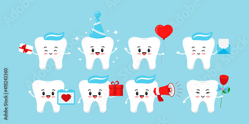 Cute tooth sale and holiday dental icon set isolated on background. Teeth with megaphone, gift card, gift, rose, birthday cap, gift, heart balloon flat design cartoon vector advertising illustration. 