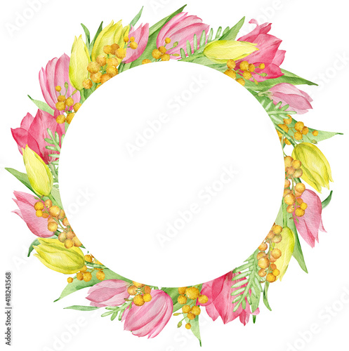 Watercolor wreath with yellow and pink tulips and mimosa branches. Floral spring frame. Mother's Day card
