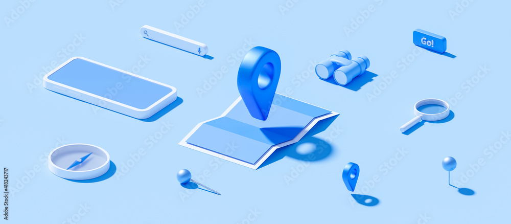 Isometric of map and location pin or navigation icon sign on blue ...