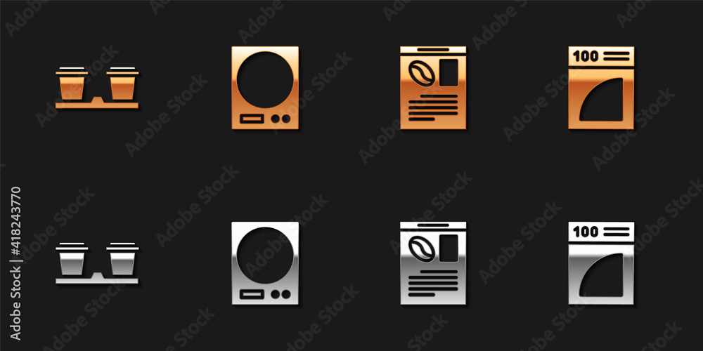 Set Coffee cup to go, Electronic scales, Newspaper and coffee and filter icon. Vector. Set Coffee cup to go, Electronic scales, Newspaper and coffee and filter icon. Vector.