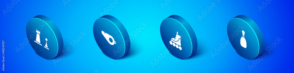 Set Isometric Chess, Roller skate, Bowling pin and Whistle icon. Vector. Set Isometric Chess, Roller skate, Bowling pin and Whistle icon. Vector.