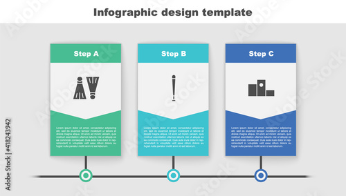 Set Rubber flippers for swimming, Baseball bat and Award over sports winner podium. Business infographic template. Vector.