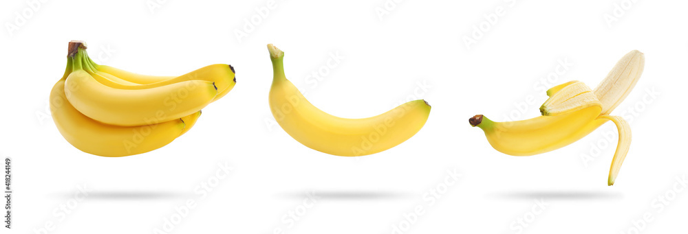 Set with delicious ripe bananas on white background. Banner design