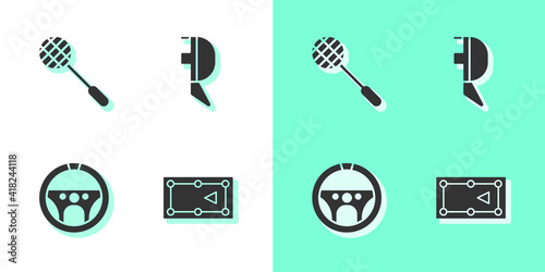 Set Billiard table, Tennis racket, Steering wheel and Fencing helmet mask icon. Vector.