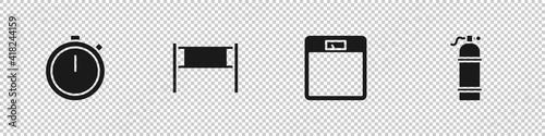 Set Stopwatch, Volleyball net, Bathroom scales and Aqualung icon. Vector.