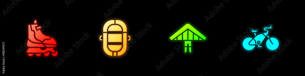 Set Roller skate, Rafting boat, Hang glider and Bicycle icon. Vector. Set Roller skate, Rafting boat, Hang glider and Bicycle icon. Vector.
