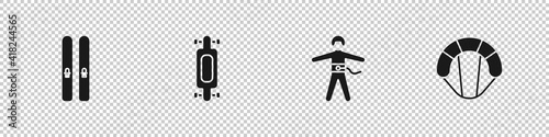 Set Ski and sticks, Longboard or skateboard, Bungee jumping and Parachute icon. Vector.