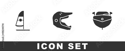 Set Windsurfing, Motocross motorcycle helmet and Speedboat icon. Vector.