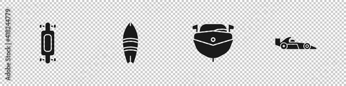 Set Longboard or skateboard, Surfboard, Speedboat and Formula 1 racing car icon. Vector.